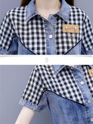 Women Plaid Patchwork Denim Dress Slim Waist Lace Up Jean Dresses Short Sleeve Mini Summer Vestidos