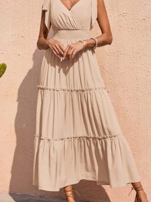 Women's Cross Neck Summer Sleeveless Tiered Maxi Dress Beach Tie Strap Smocked Long Dresses Pleated Sundress