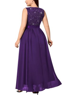 Women's Plus Size Sequin Lace Deep V-Neck Sleeveless Slit Formal Evening Maxi Dresses