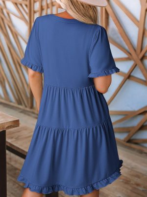 Womens Dresses 2025 Summer Spring V Neck Short Sleeve Casual A Line Flowy Swing Shift Dress Mini Dress