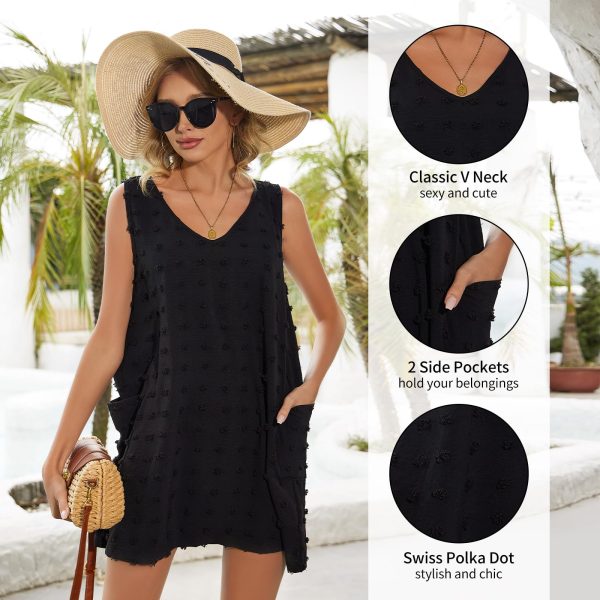 Beach Swimsuit Cover Up for Women, Swiss Polka Dot Bathing Suit, Classic V Neck Dress with Pockets