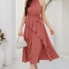 Women's 2024 Summer Sleeveless Halter Neck Ruffle Hem Split Flowy Swing Long Midi Dress with Belt
