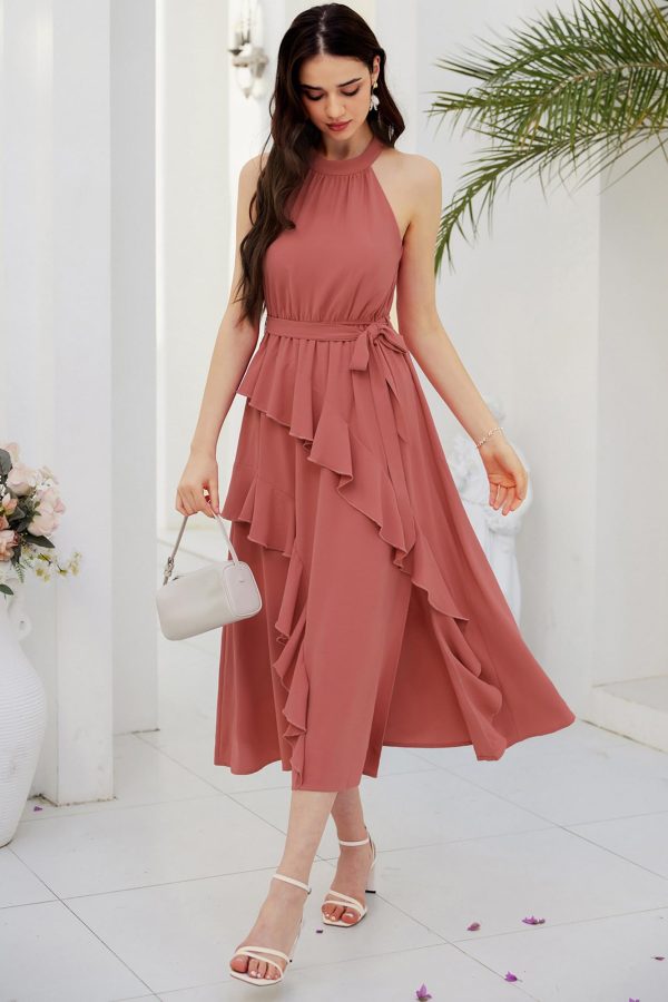 Women's 2024 Summer Sleeveless Halter Neck Ruffle Hem Split Flowy Swing Long Midi Dress with Belt