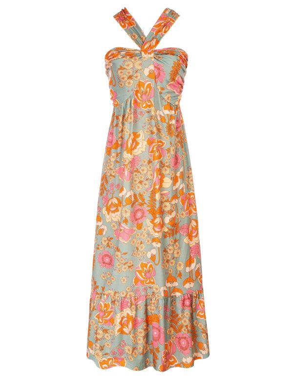 2025 Women's Criss Cross Halterneck Sleeveless Summer Floral Print Flowy A Line Maxi Dress