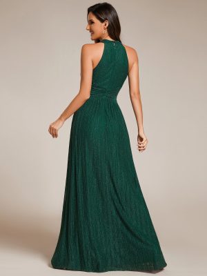 Women's Halter Neck Summer Formal Dresses Sleeveless Pletaed Floor Length Glitter Evening Dresses 41961