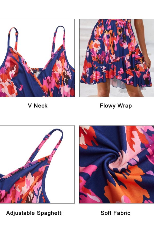 Womens Summer Dresses Floral V Neck Ruffled Hem Spaghetti Spring Casual Beach Outfits Flowy Wrap Sun Dress