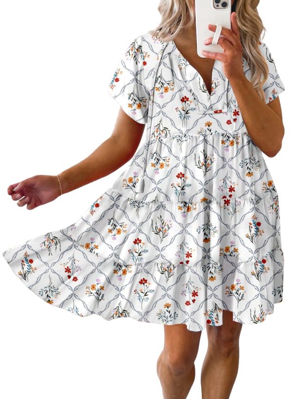 Womens Summer Casual Boho Floral Dresses V Neck Short Sleeve Sundresses Flowy Swing A-Line Mini Dress