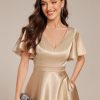 Women's Satin Short Ruffles Sleeves A Line Empire Waist Wedding Guest Dress with Pockets 02335