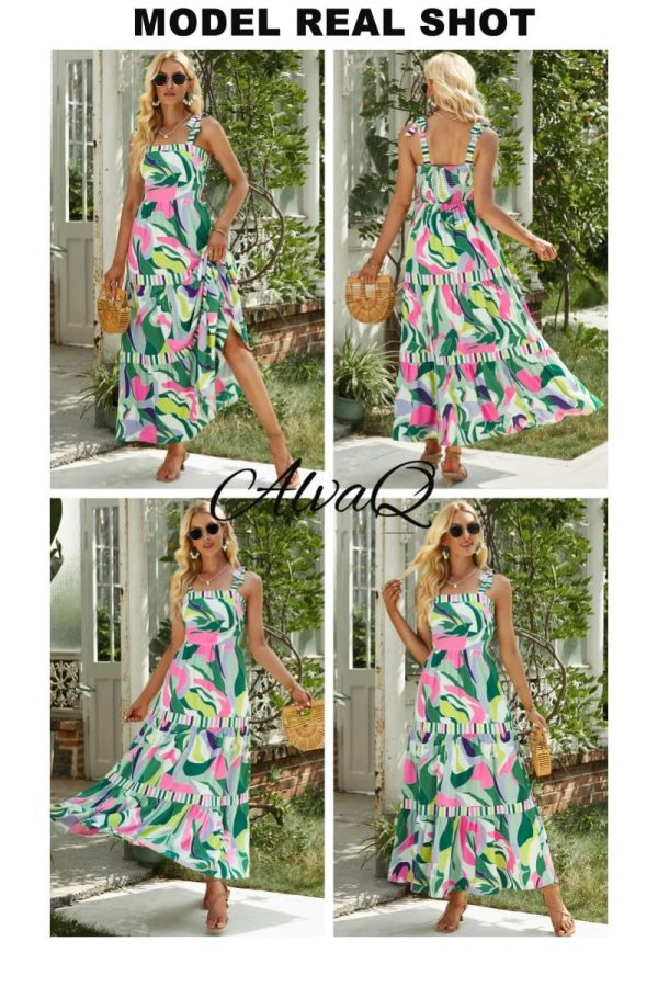 Women's 2025 Summer Sleeveless Floral Print Maxi Dress Strap Square Neck Beach Sun Dress