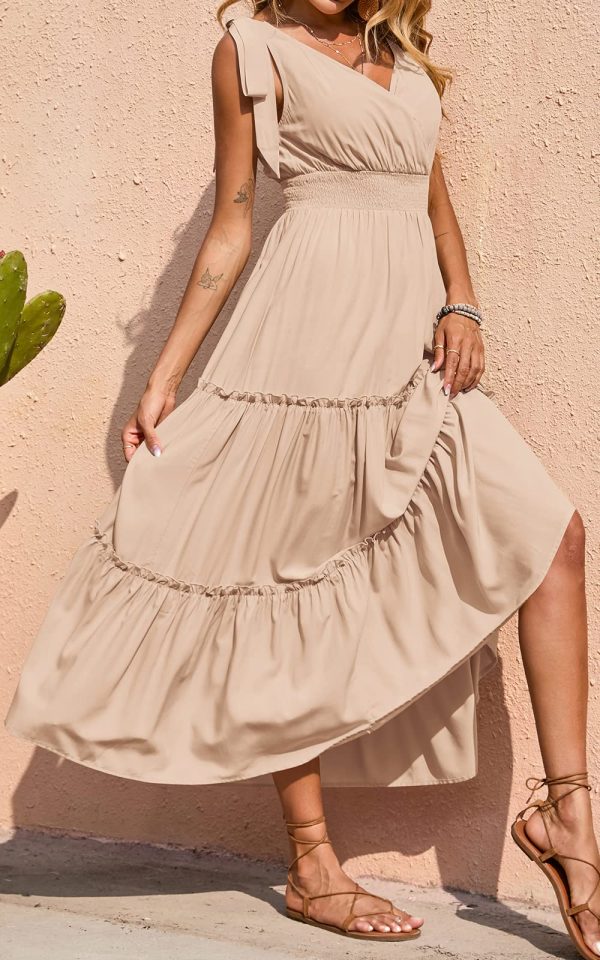 Women's Cross Neck Summer Sleeveless Tiered Maxi Dress Beach Tie Strap Smocked Long Dresses Pleated Sundress
