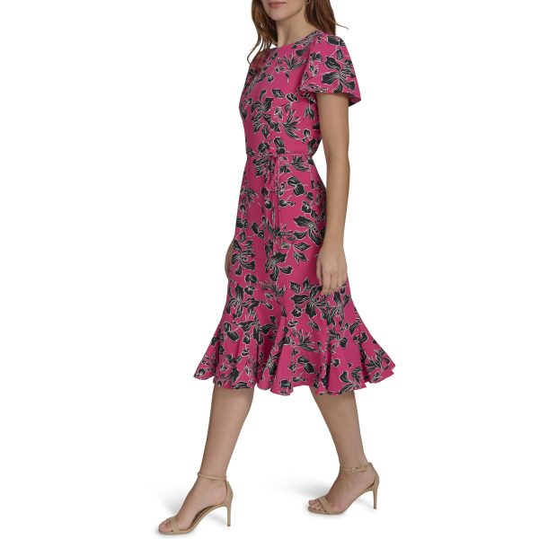 Women's Short Sleeve Pleated Hem Rope Belt Midi Dress
