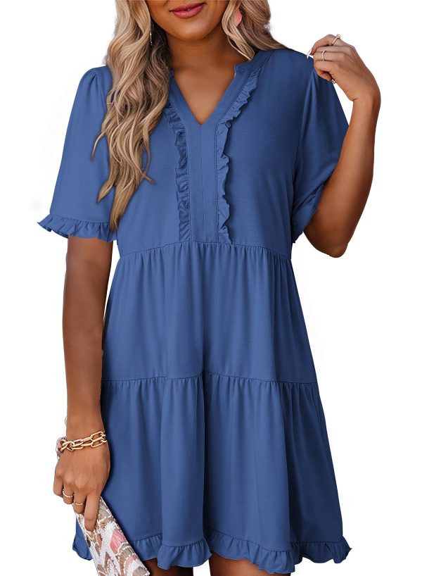 Womens Dresses 2025 Summer Spring V Neck Short Sleeve Casual A Line Flowy Swing Shift Dress Mini Dress