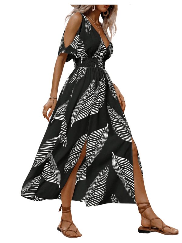 Women's Summer Maxi Casual Dresses 2024 Cold Shoulder V Neck Short Sleeve Dress