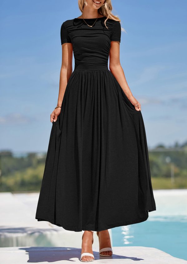 Women's Casual Dresses 2025 Summer Short Sleeve Ruched Patchwork A Line Pleated Swing Maxi Dress with Pockets