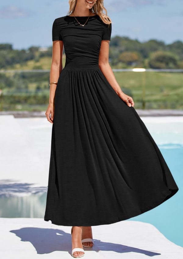 Women's Casual Dresses 2025 Summer Short Sleeve Ruched Patchwork A Line Pleated Swing Maxi Dress with Pockets