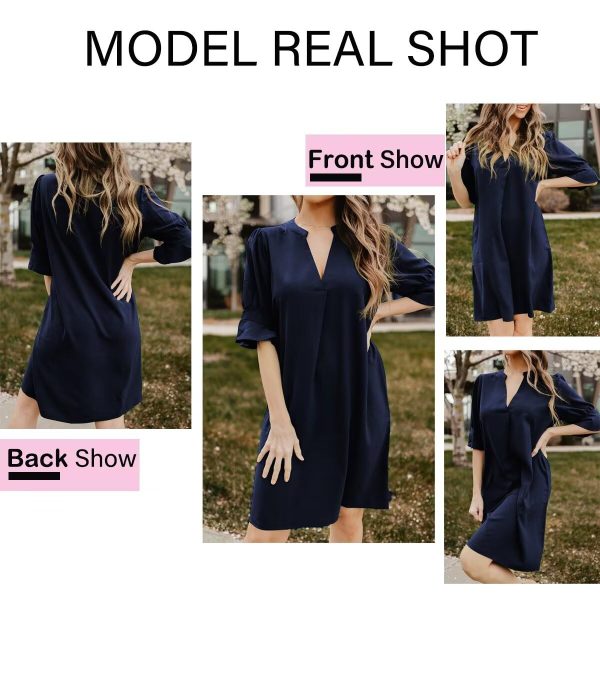 Shift Dress for Women V Neck Short Sleeves Solid Color Casual Flowy Summer Dresses(S-2XL)
