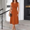 2025 Women's Notch Lapel Ruched Wrap V Neck Business Work Dress Sleeveless A Line Midi Dress