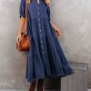 Women's Summer Cotton Half Sleeves Button Down Casual Loose Slit Midi Dress with Pockets
