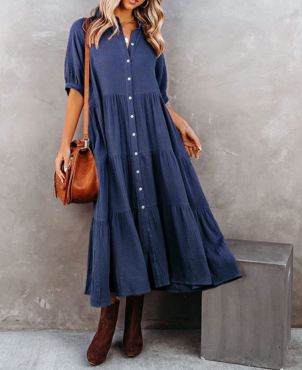 Women's Summer Cotton Half Sleeves Button Down Casual Loose Slit Midi Dress with Pockets