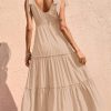 Women's Cross Neck Summer Sleeveless Tiered Maxi Dress Beach Tie Strap Smocked Long Dresses Pleated Sundress