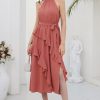 Women's 2024 Summer Sleeveless Halter Neck Ruffle Hem Split Flowy Swing Long Midi Dress with Belt