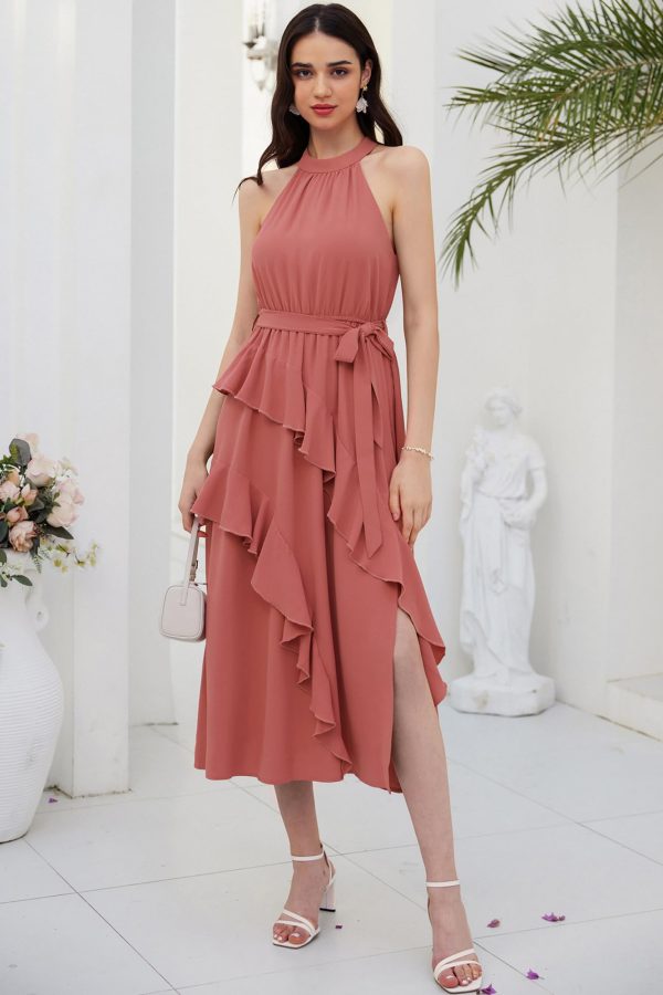Women's 2024 Summer Sleeveless Halter Neck Ruffle Hem Split Flowy Swing Long Midi Dress with Belt