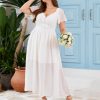 Women's Plus Size Lace Maxi Dress Short Sleeve V Neck Flowy Empire Waist Smocked Back Wedding Guest Dress