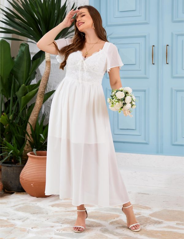 Women's Plus Size Lace Maxi Dress Short Sleeve V Neck Flowy Empire Waist Smocked Back Wedding Guest Dress