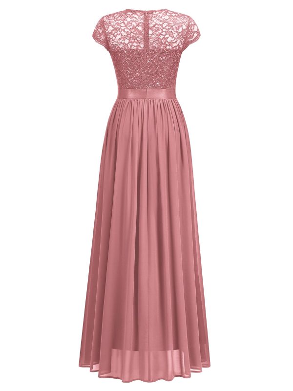 Women's Classy Scoop Neck Sequin Lace Contrast Bridesmaid Party Maxi Dress