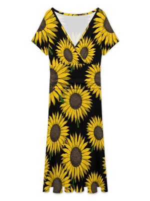 Yellow Sunflower Women's Midi Dress Short Sleeve Dresses V Neck Sundress Casual Summer