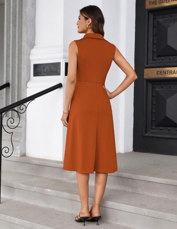2025 Women's Notch Lapel Ruched Wrap V Neck Business Work Dress Sleeveless A Line Midi Dress