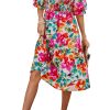 Women's Summer Casual Dresses 2025 Spring Puff Sleeve Square Neck A-line Flowy Boho Floral Smocked Midi Dress
