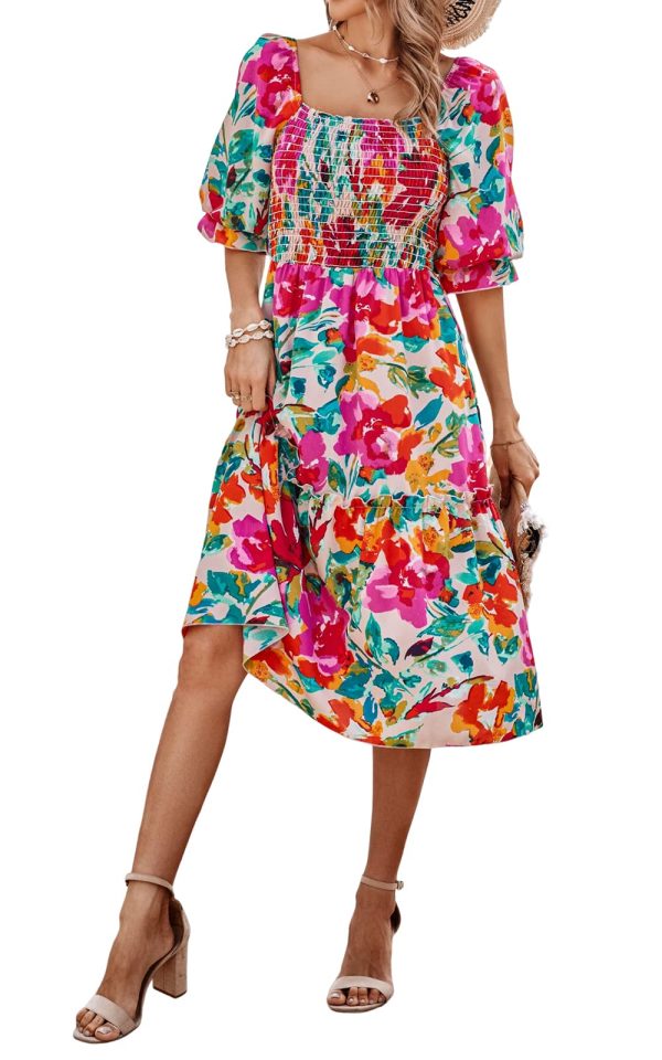 Women's Summer Casual Dresses 2025 Spring Puff Sleeve Square Neck A-line Flowy Boho Floral Smocked Midi Dress