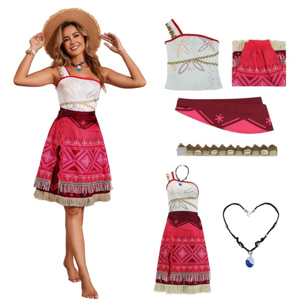 Tropical Island Princess Dress for Women Ocean Hawaiian Adventure Halloween Costume Skirt with Necklace Party Dress Up