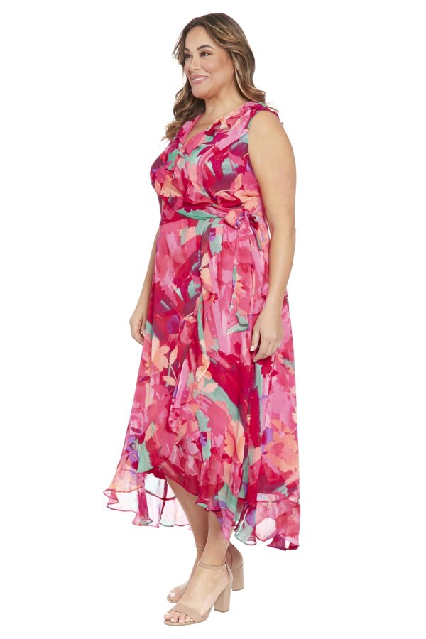Women's Sleeveless Ruffle Detail Faux Wrap Tie Midi Dress