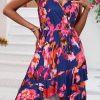 Womens Summer Dresses Floral V Neck Ruffled Hem Spaghetti Spring Casual Beach Outfits Flowy Wrap Sun Dress