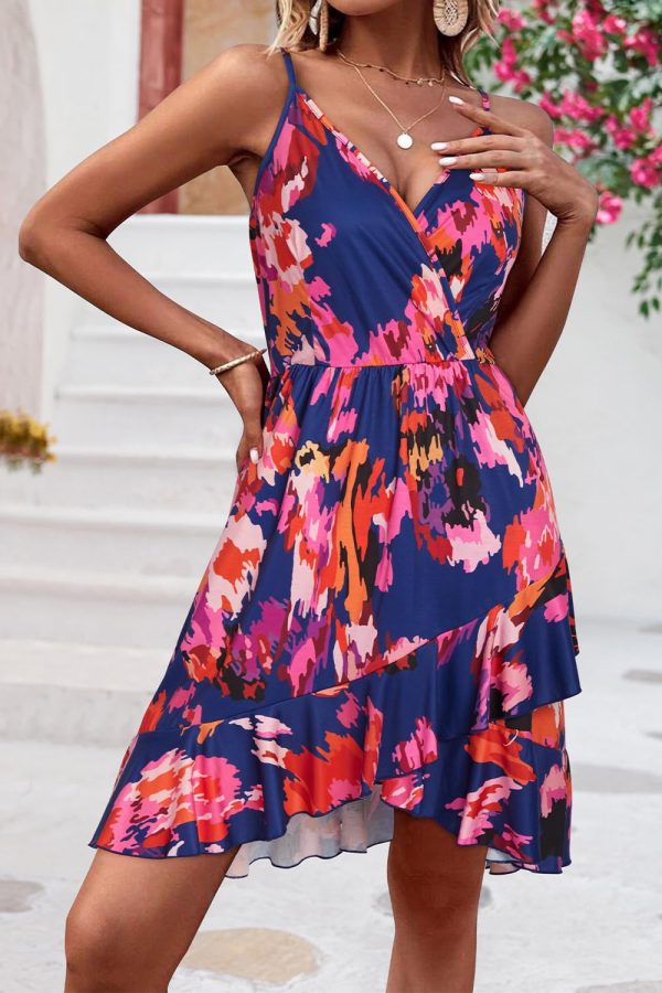 Womens Summer Dresses Floral V Neck Ruffled Hem Spaghetti Spring Casual Beach Outfits Flowy Wrap Sun Dress
