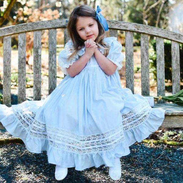 Girls Dress, Vintage Bluebell Heirloom Dress, White Lace, Puff Sleeve, Long Style for Spring and Autumn