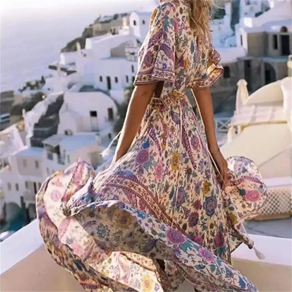 Women Peacock Floral Print Bat Sleeve Beach Bohemian Maxi Dresses V Neck Tassel Summer Dress