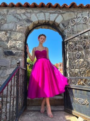 A line Ruched Tulle Prom Dress Spaghetti Straps for Women, Tea Length Sweetheart Homecoming Dress Cocktail Dress