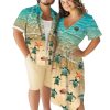 Matchable Couple Hawaiian Sea Beach Starfish Turtle Shell Print Shirt or Plus Size Midi Split A Line Dress