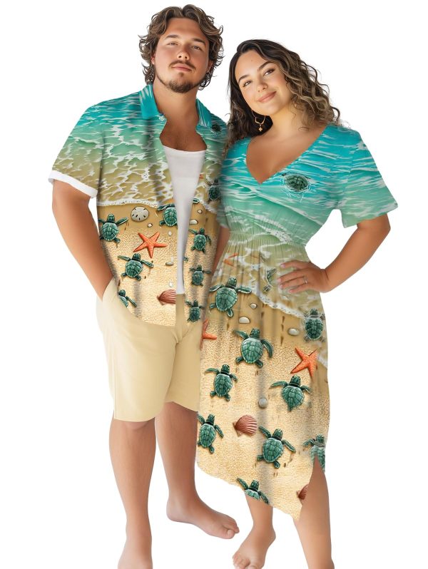 Matchable Couple Hawaiian Sea Beach Starfish Turtle Shell Print Shirt or Plus Size Midi Split A Line Dress