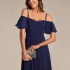 Women's Summer Cold Shoulder Hi-Lo Asymmetrical Hem Flowy Chiffon Short Wedding Guest Dress 02103
