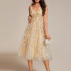 Women's A Line V Neck Open Back Sleeveless Ruched Sequin Knee Length Formal Dress 02106