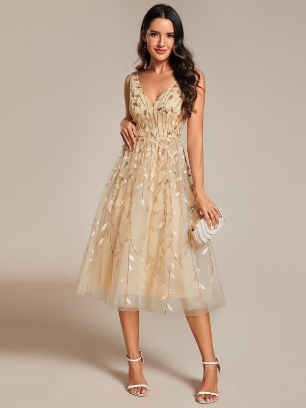 Women's A Line V Neck Open Back Sleeveless Ruched Sequin Knee Length Formal Dress 02106