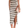 Women's Summer Bodycon Sundresses Casual Midi Sleeveless Hollow Out Knit Side Slit Striped Long Tank Dress