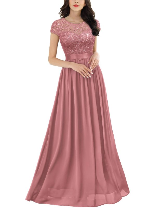Women's Classy Scoop Neck Sequin Lace Contrast Bridesmaid Party Maxi Dress