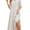 Women's Casual V Neck Boho Dress Puff Sleeve High Waist Floral Smocked Flowy Ruffle Midi Dresses