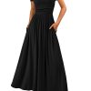 Women's Casual Dresses 2025 Summer Short Sleeve Ruched Patchwork A Line Pleated Swing Maxi Dress with Pockets
