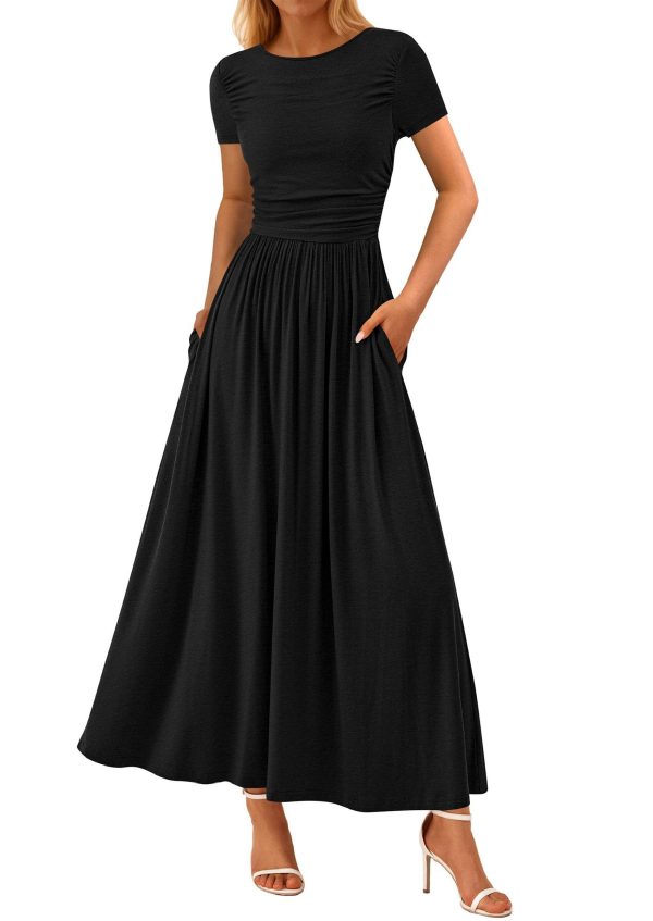 Women's Casual Dresses 2025 Summer Short Sleeve Ruched Patchwork A Line Pleated Swing Maxi Dress with Pockets